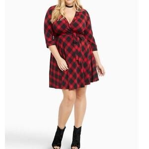 Torrid Red Plaid Surplice Bodice Knit Mini Dress Sz.1
